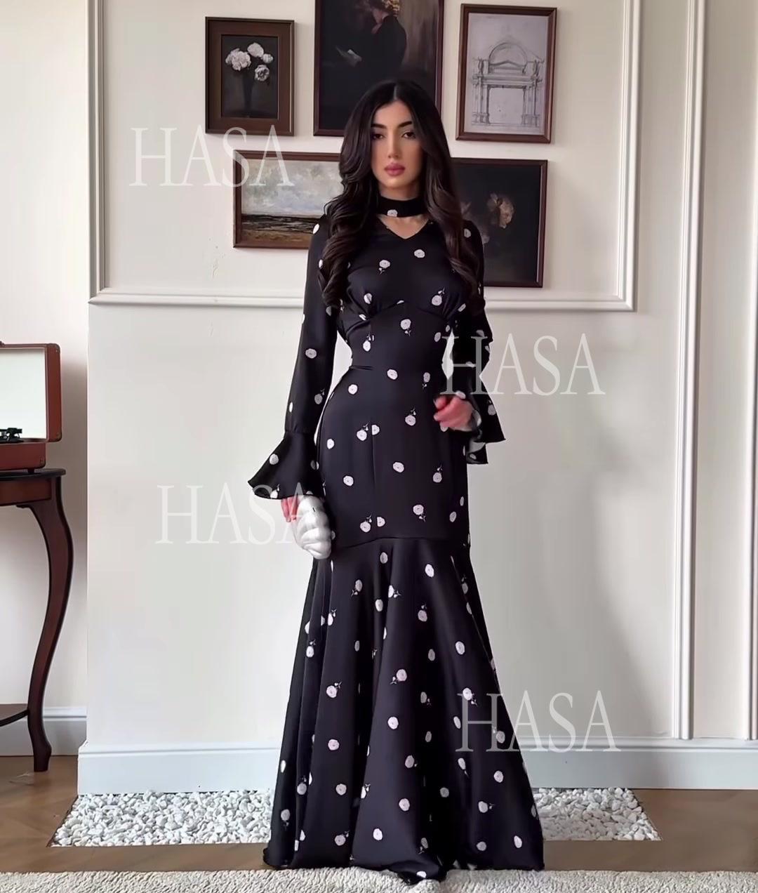 HASA's Series HS6741 Chic Black Polka Dot Long Dress Flare Sleeve Mermaid Maxi Gown
