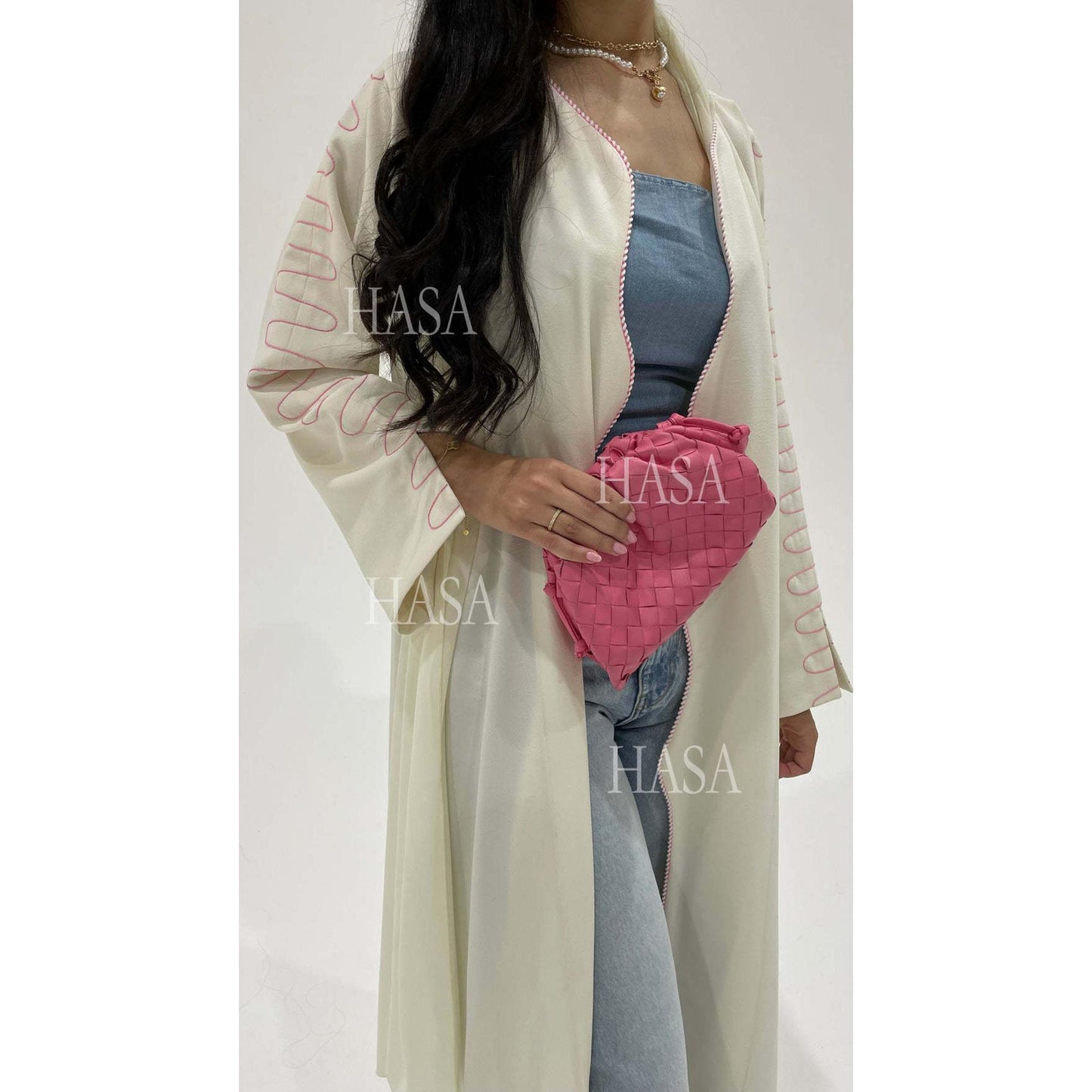 HASA's Series HS6582 Abaya Women's Long Embroidered Cardigan Jacket with Wavy Edges
