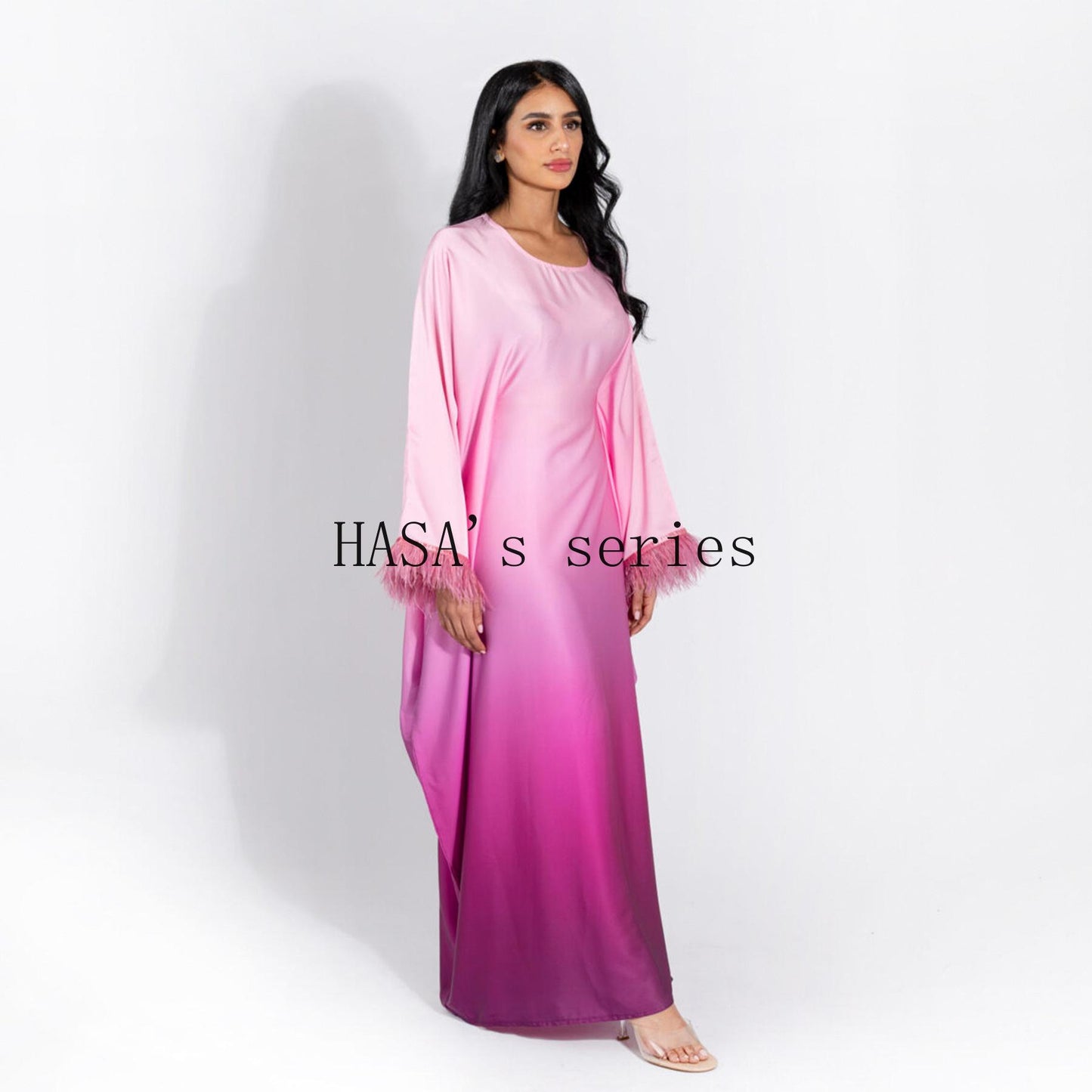 HS5111 Gradient-colored Fringed Long Dress, Romantic Dress with Batwing Sleeves.