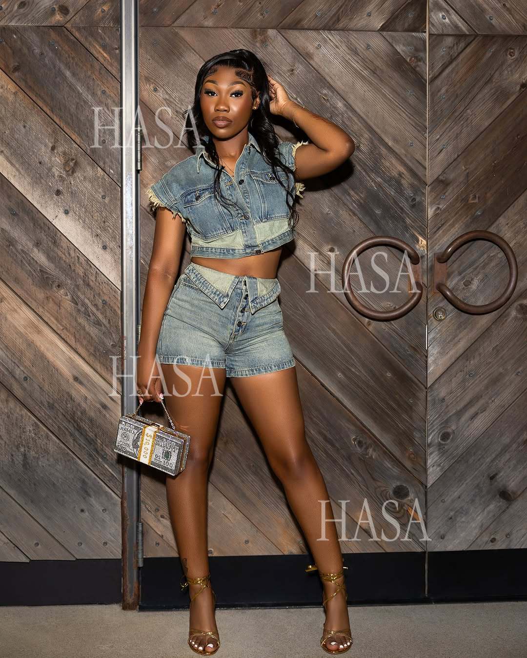 HASA HS6275 Cool Streetwear Denim Two Piece Shorts Set with Cropped Top