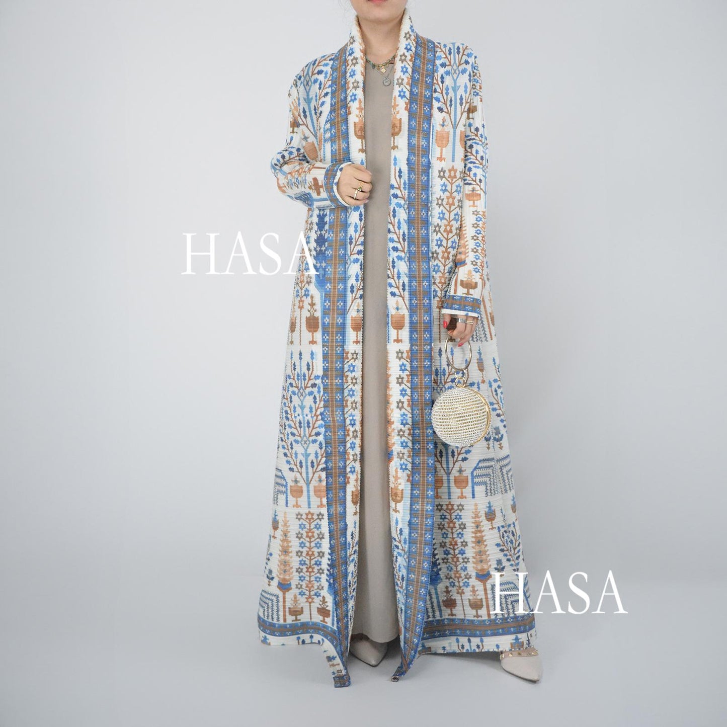 HS5849 Blue and Orange Geometric Print Open-front Long Coat (with Belt)