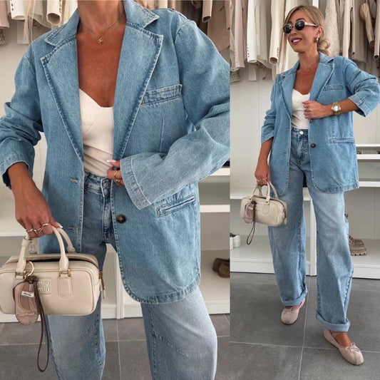 HS6181 Fashionable Casual Loose Washed Blue Denim Women's Blazer