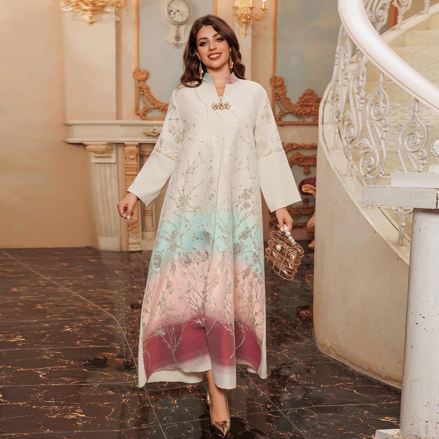 HS6645 Jacquard Embroidered Gradient Robe with Elegant Layered Design