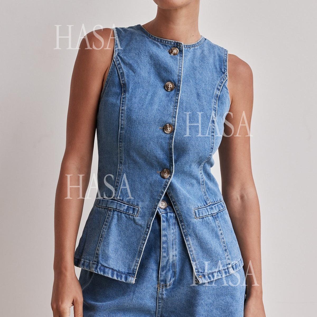 HASA HS6097 Women’s Button Front Denim Top with Matching Shorts