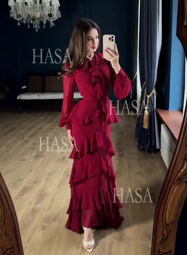 HS6733 Flowy Elegant Maxi Dress with Cascading Ruffles