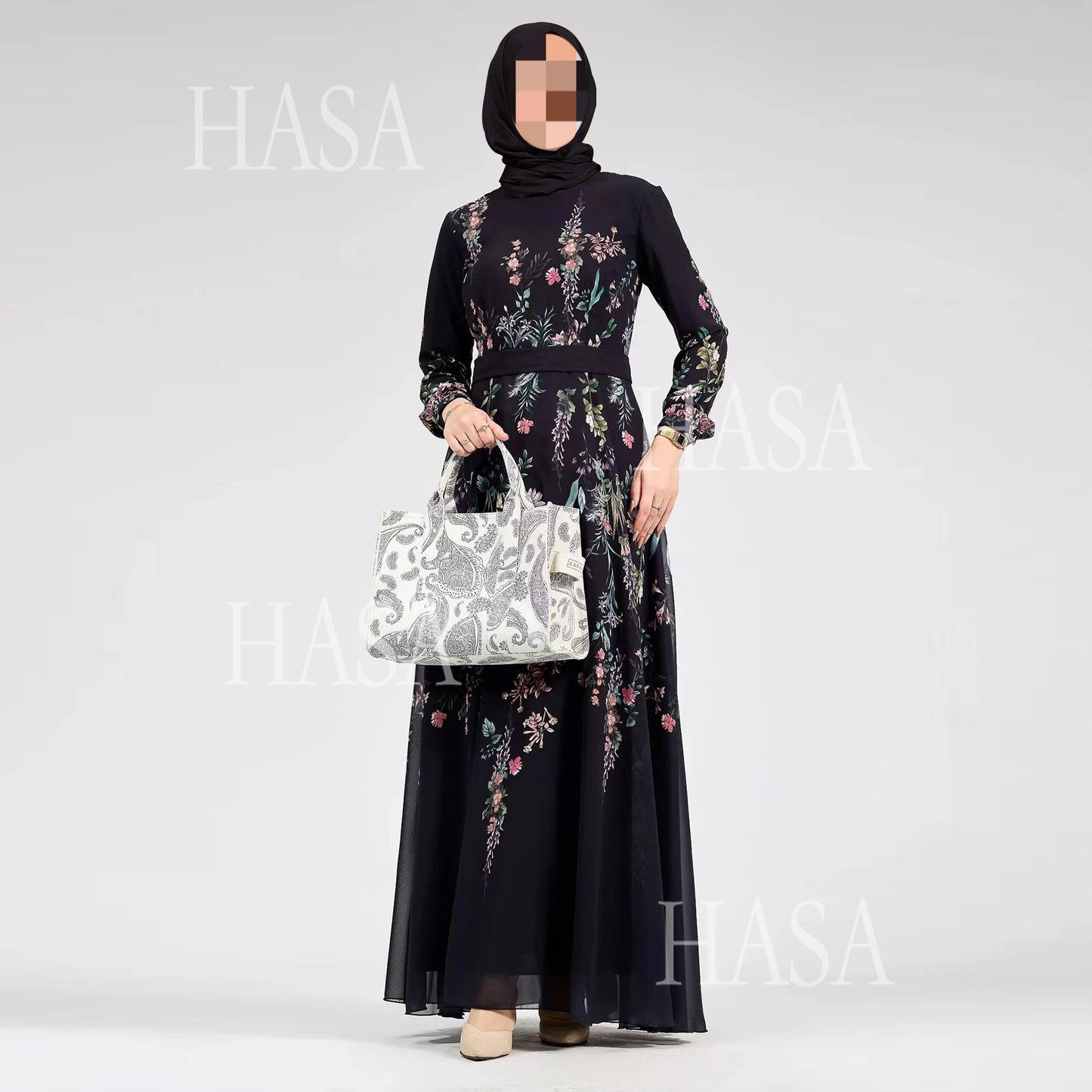 HS6531 Chiffon Printed Ankle-Length Maxi Dress with Long Sleeves