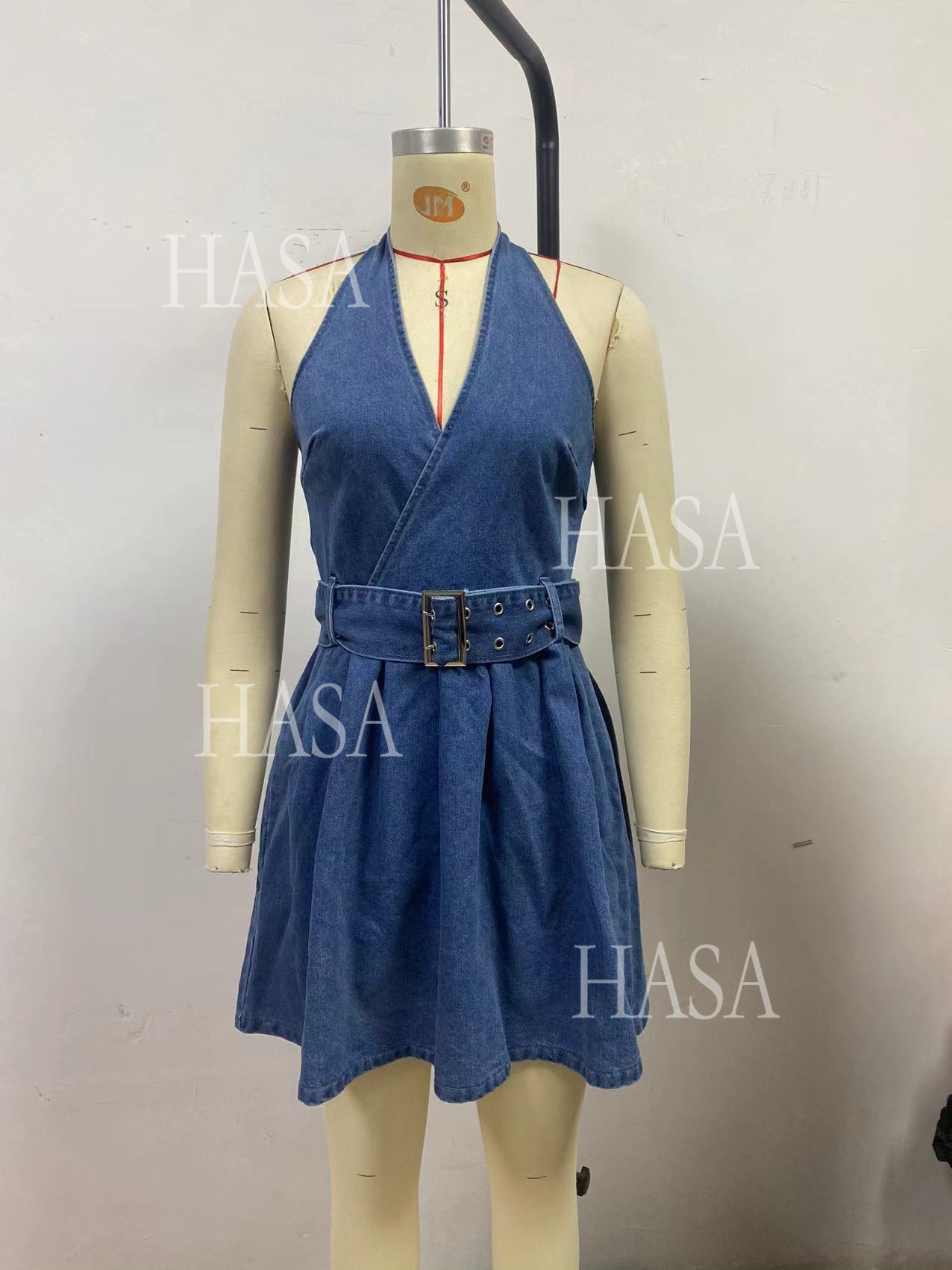 HASA HS6792 Chic Flared Denim Mini Dress with Wide Waist Belt