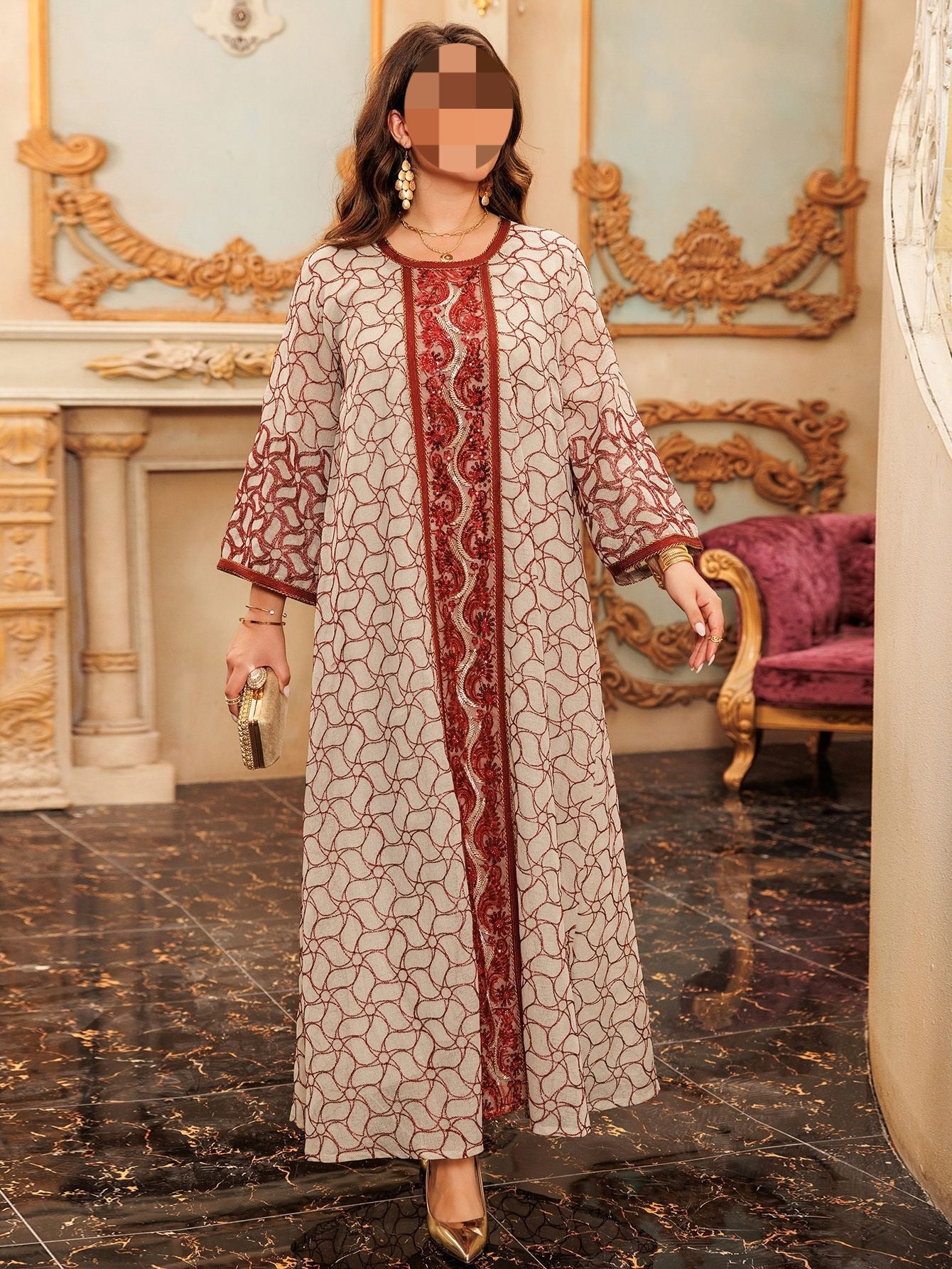 HS6668 A Simple and Elegant Long Dress Adorned with Mesh Embroidery.