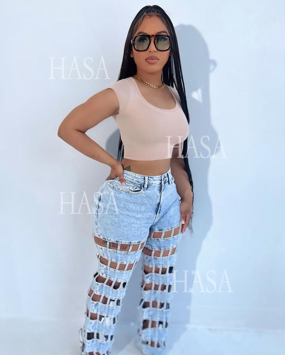 HASA HS6778 Statement High Waist Denim Pants with Cutout Leg Detail
