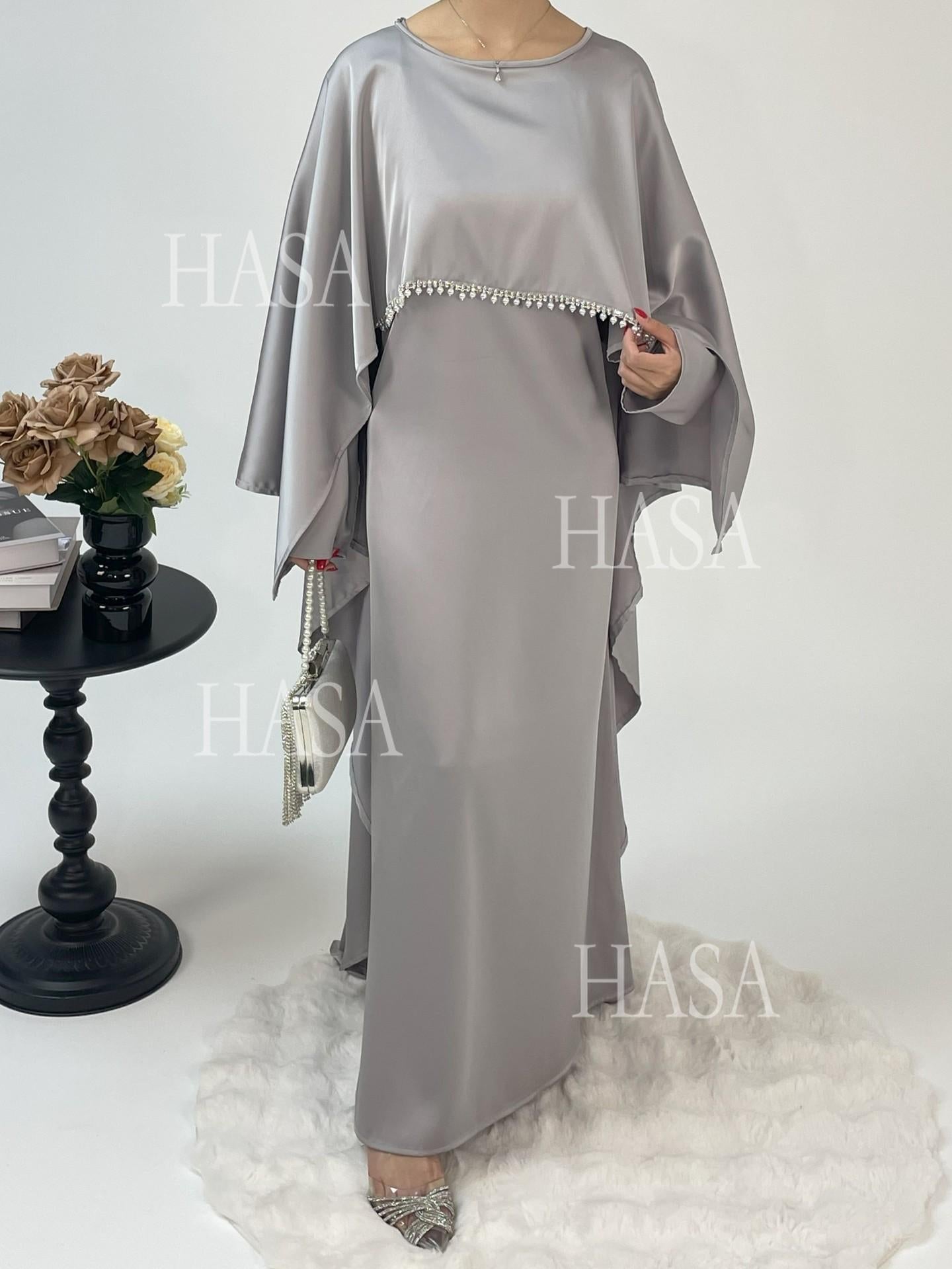 HS6570 Elegant Cape-style Satin Dress Robe for Women