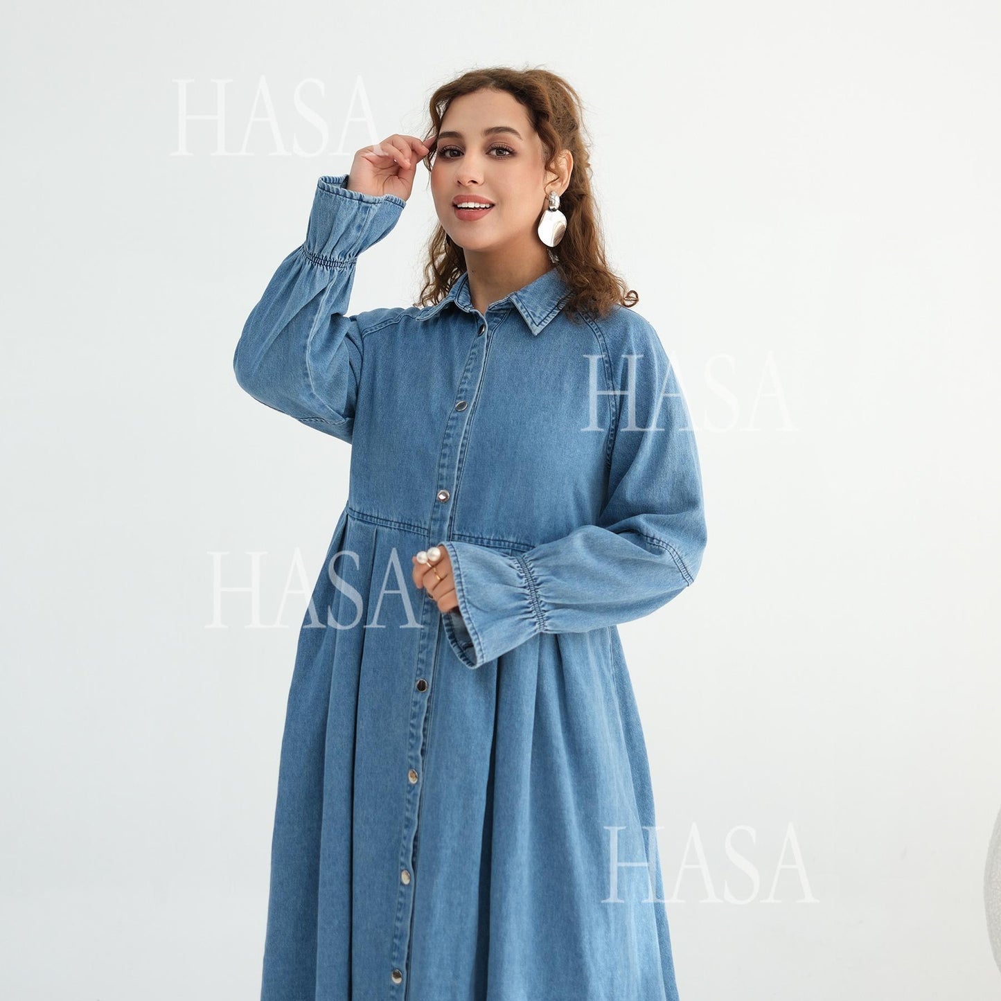 HASA HS6806 Chic Button Front Denim Maxi Dress
