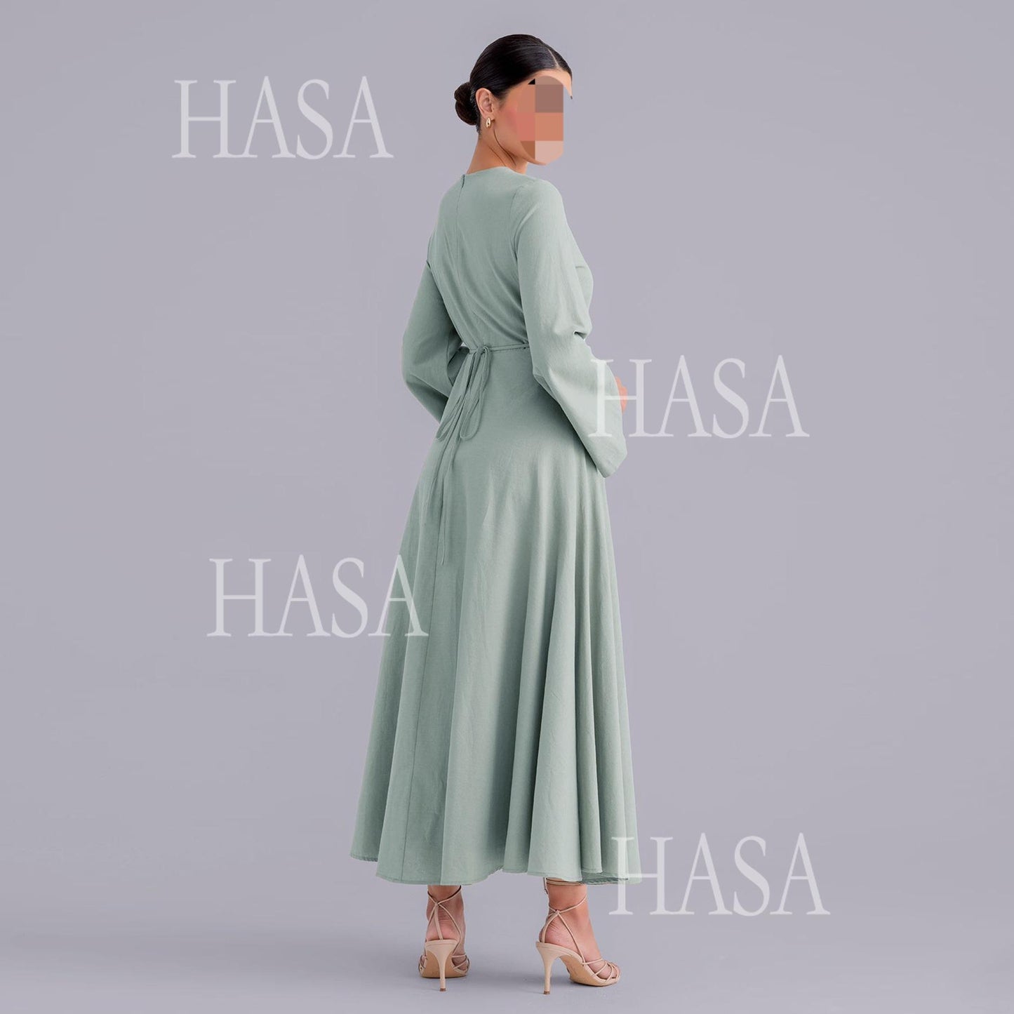HS6494 Simple Solid Color Linen Bamboo Dress | Lace-Up Design