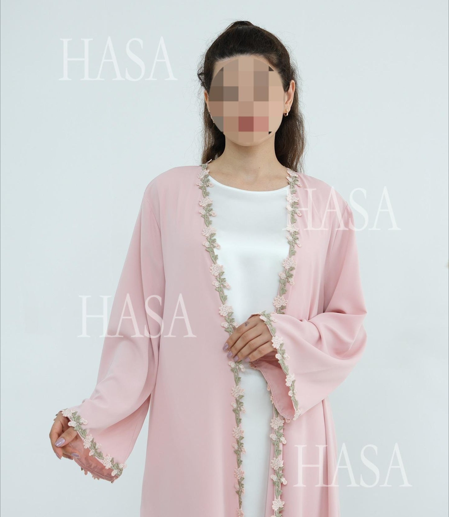 HS6618 Pink Flower Stitching Cardigan Two-Piece Set (Including Headscarf)