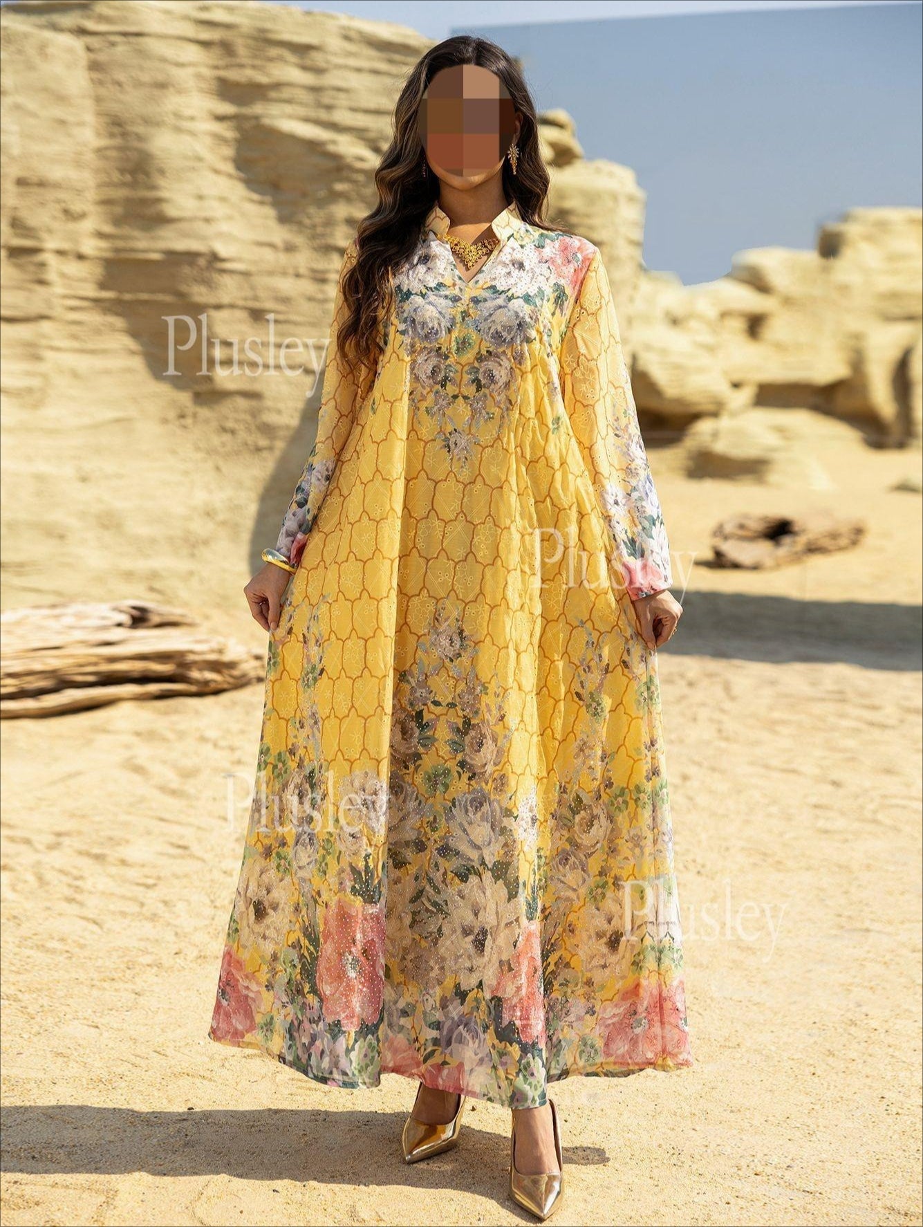 HS6636 Floral Print Embroidered Long Dress