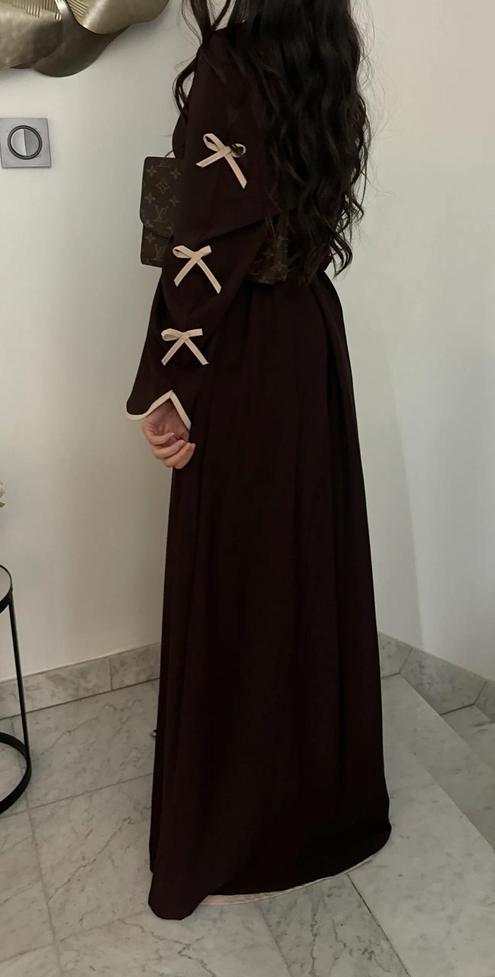 HS5883  A Two-piece Robe and Skirt Set with A Soft Bow and A Belt Design open abaya outfit