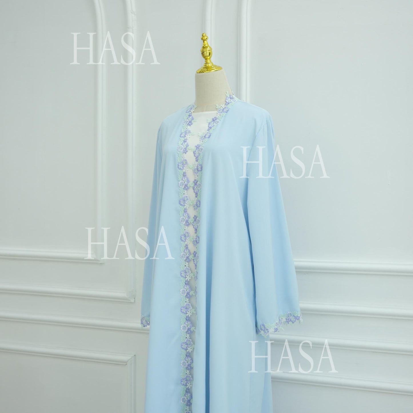 HS6562 Blue Bow Embroidered Abaya Tunic Cardigan