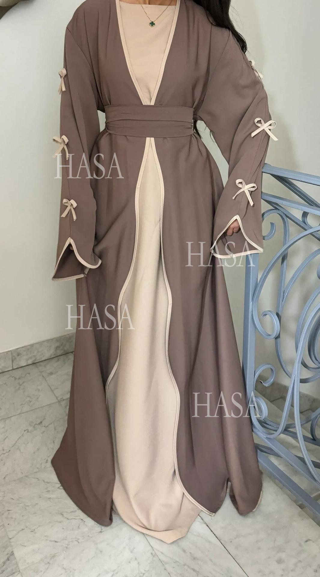 HS5883  A Two-piece Robe and Skirt Set with A Soft Bow and A Belt Design open abaya outfit