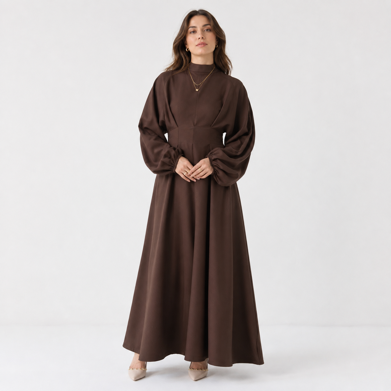HS1226 Sculpted-Waist Modest Maxi Dress