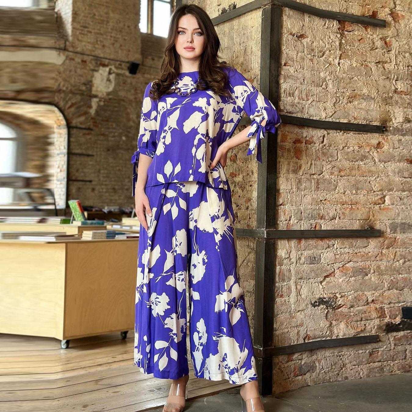 HASASERIES HS0810 Ensemble 2 pièces haut à lacets et pantalon imprimé