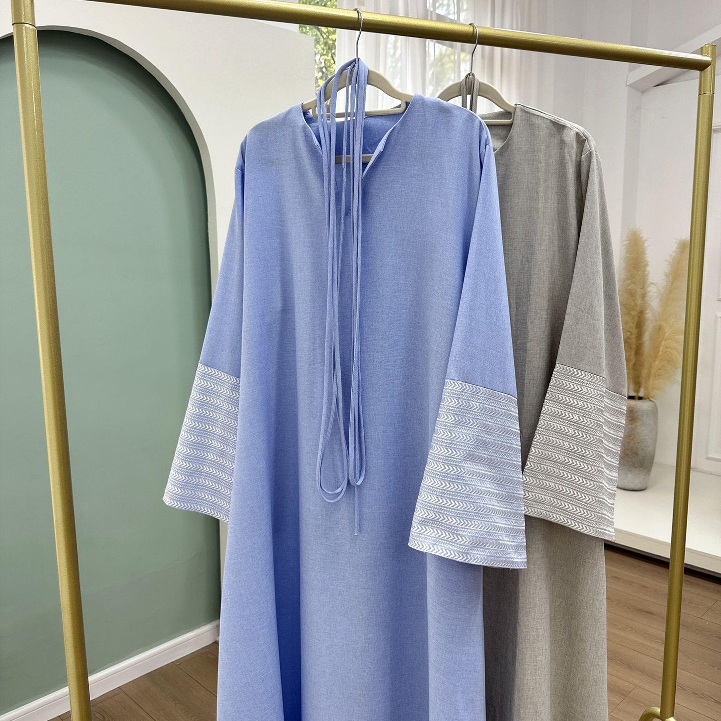 HS6490 Embroidered Panel Sleeve Long Dress