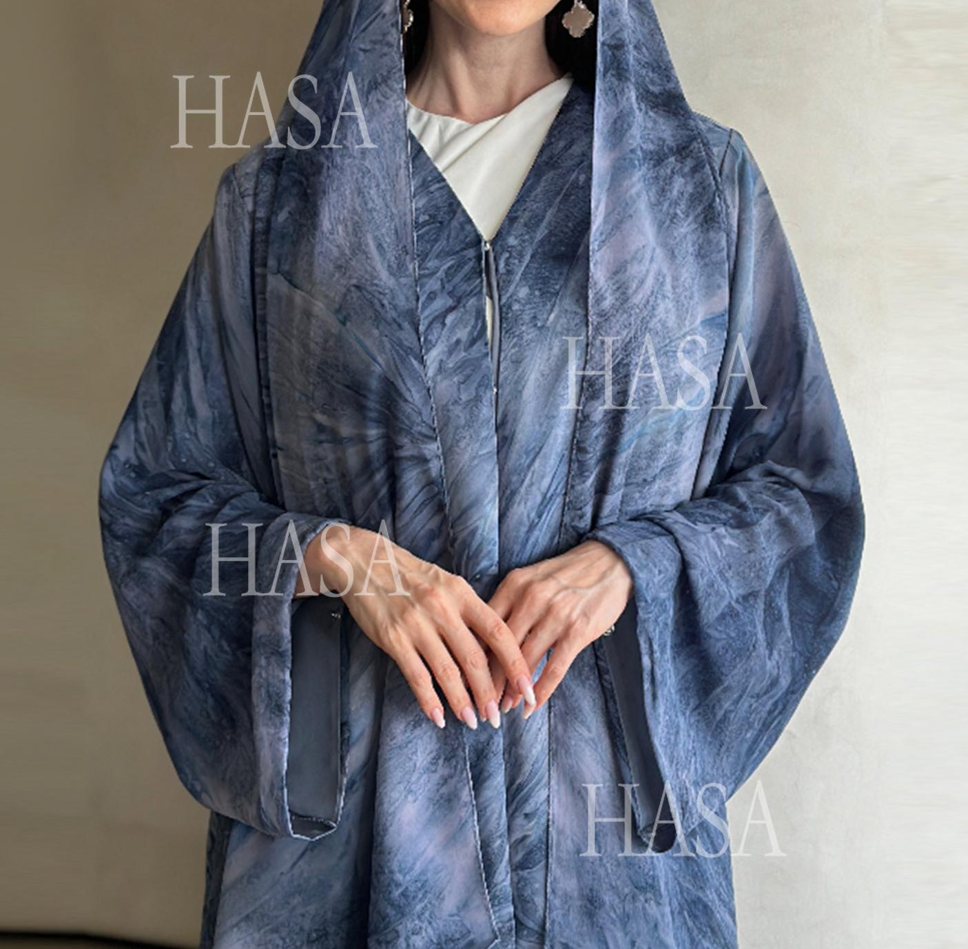 HS6551 Printed Abaya Cardigan with Matching Scarf Two-Piece Set