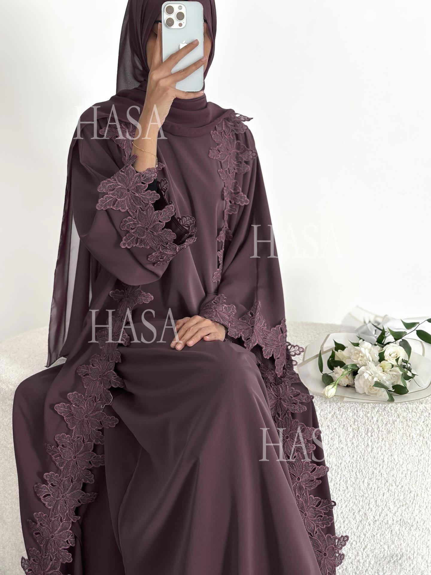 HASA HS6780 Chic Floral Embroidered Open Abaya Two Piece Outfit