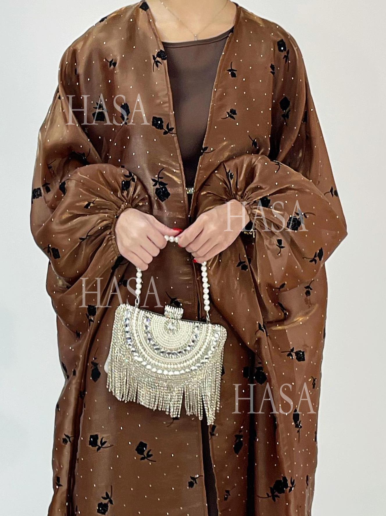 HS6536 Elegant Rose Pattern Abaya Outer Dress Set