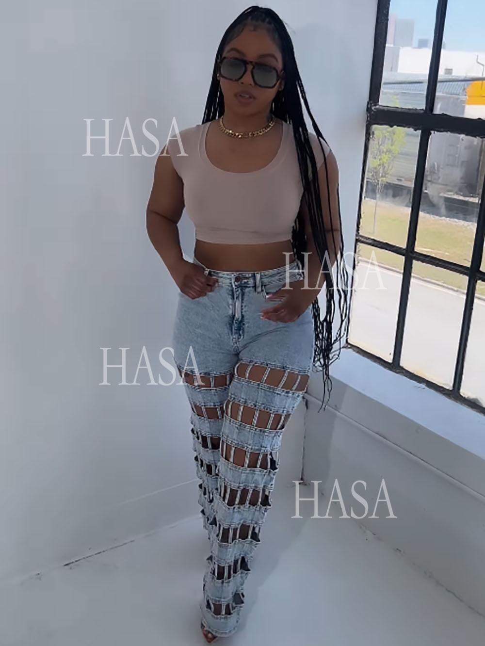 HASA HS6778 Statement High Waist Denim Pants with Cutout Leg Detail