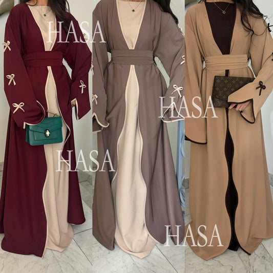 HS5883  A Two-piece Robe and Skirt Set with A Soft Bow and A Belt Design open abaya outfit