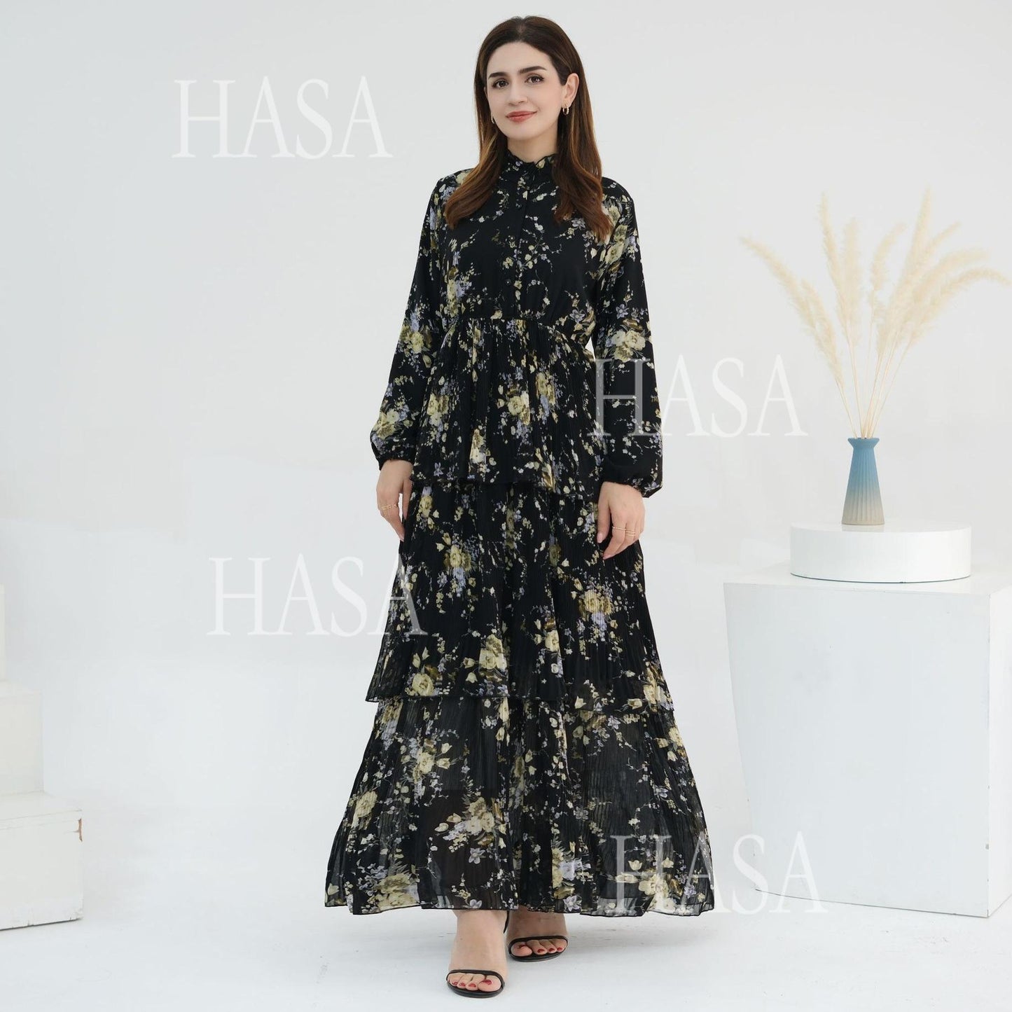 HS6500  Romantic Layered Print Long Dress