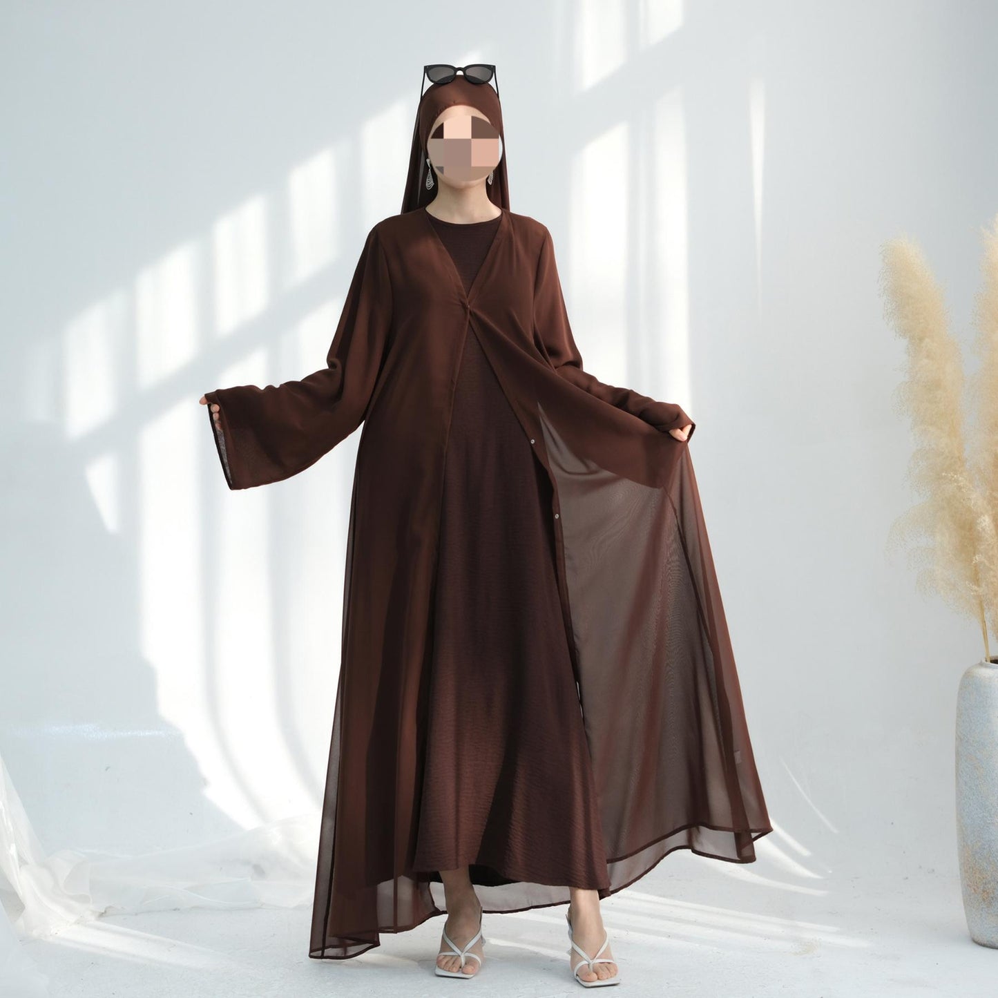HS6513 Double-layered sleeve chiffon cardigan two-piece robe abaya (headscarf not included)