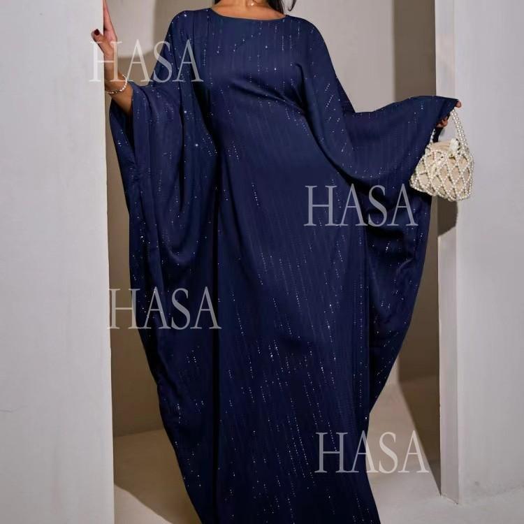 HS6483 Drape Rhinestone Gown with Simple Wide Sleeves