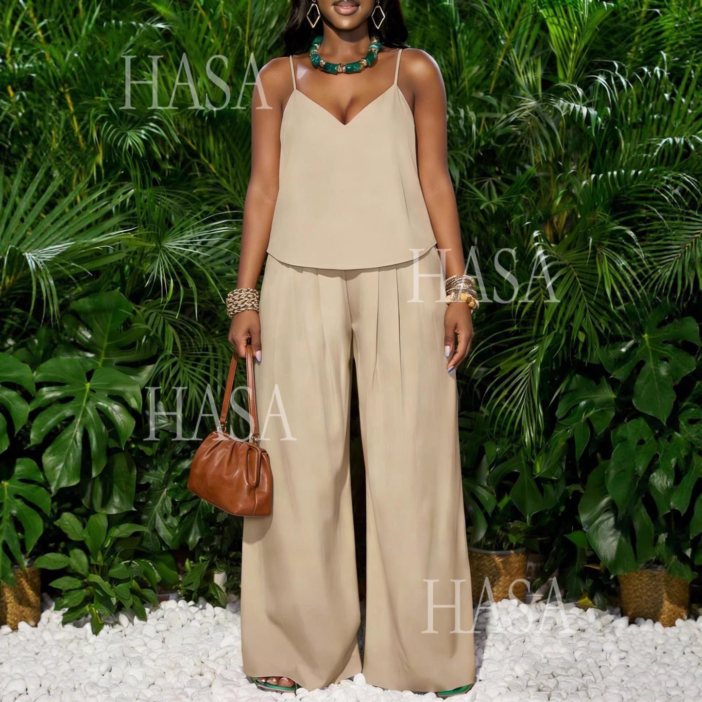 HASA HS6793 Soft Luxury Sleeveless Top and Flowy Pants Outfit
