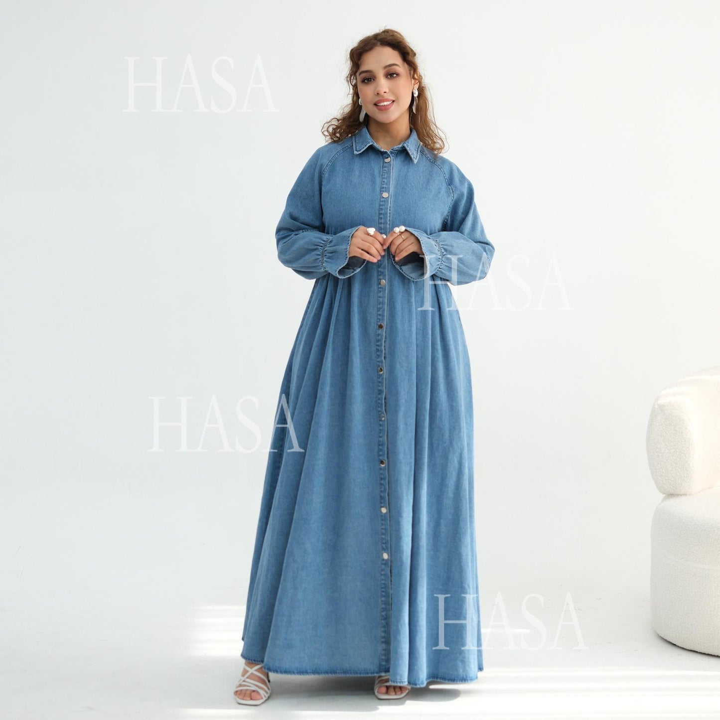 HASA HS6806 Chic Button Front Denim Maxi Dress
