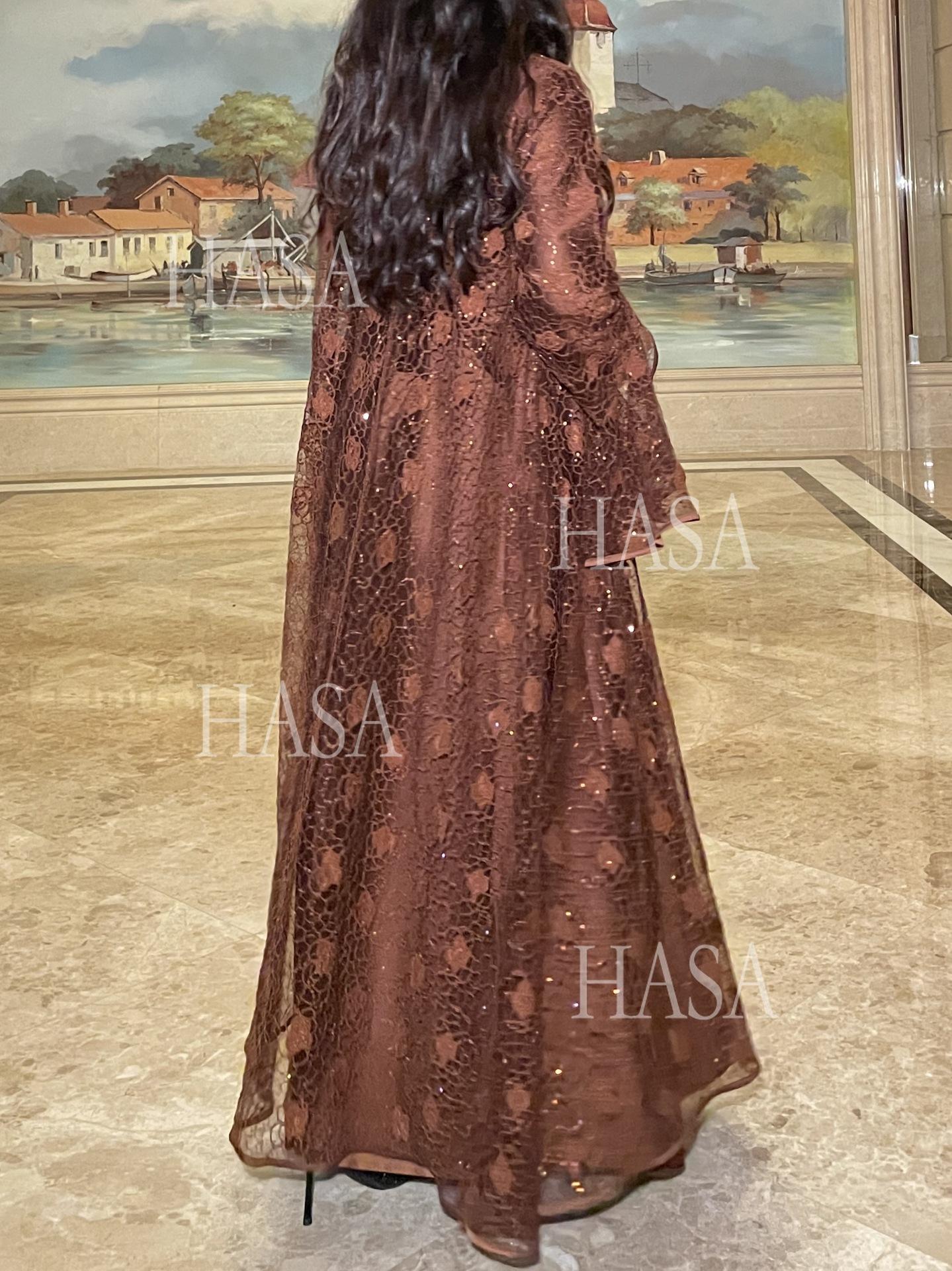 HS6488 Two-piece long dress with flared sleeves and lace sequined cape