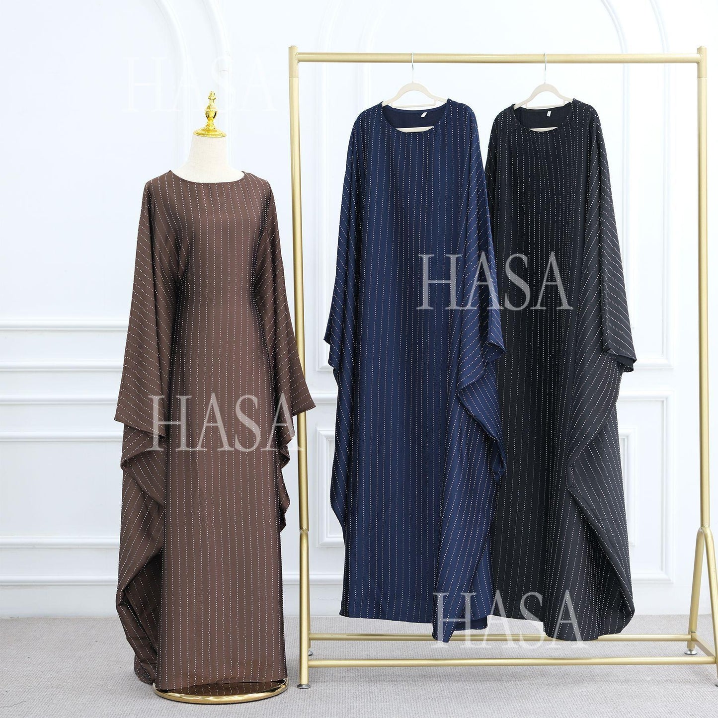 HS6483 Drape Rhinestone Gown with Simple Wide Sleeves