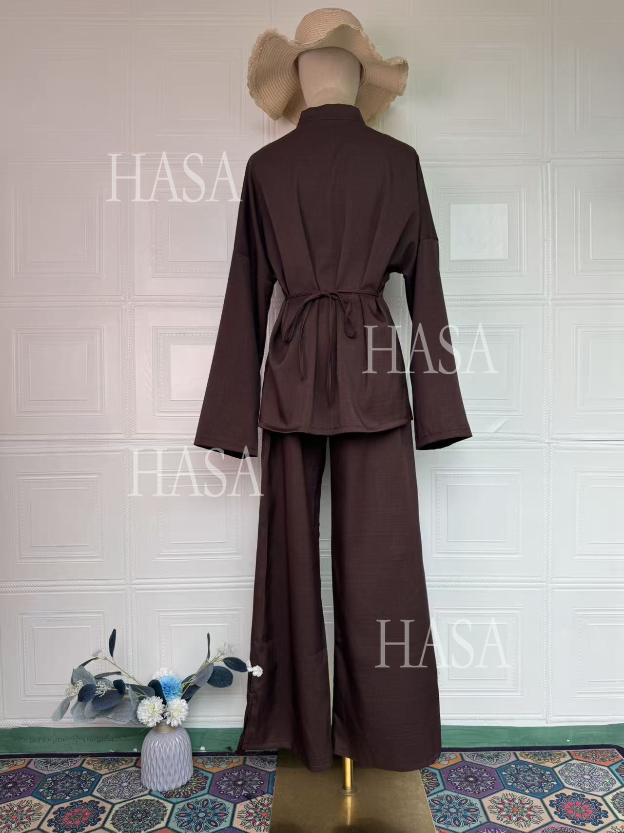 HS6738 Chic Long Sleeve Matching Set with Flowy Pants