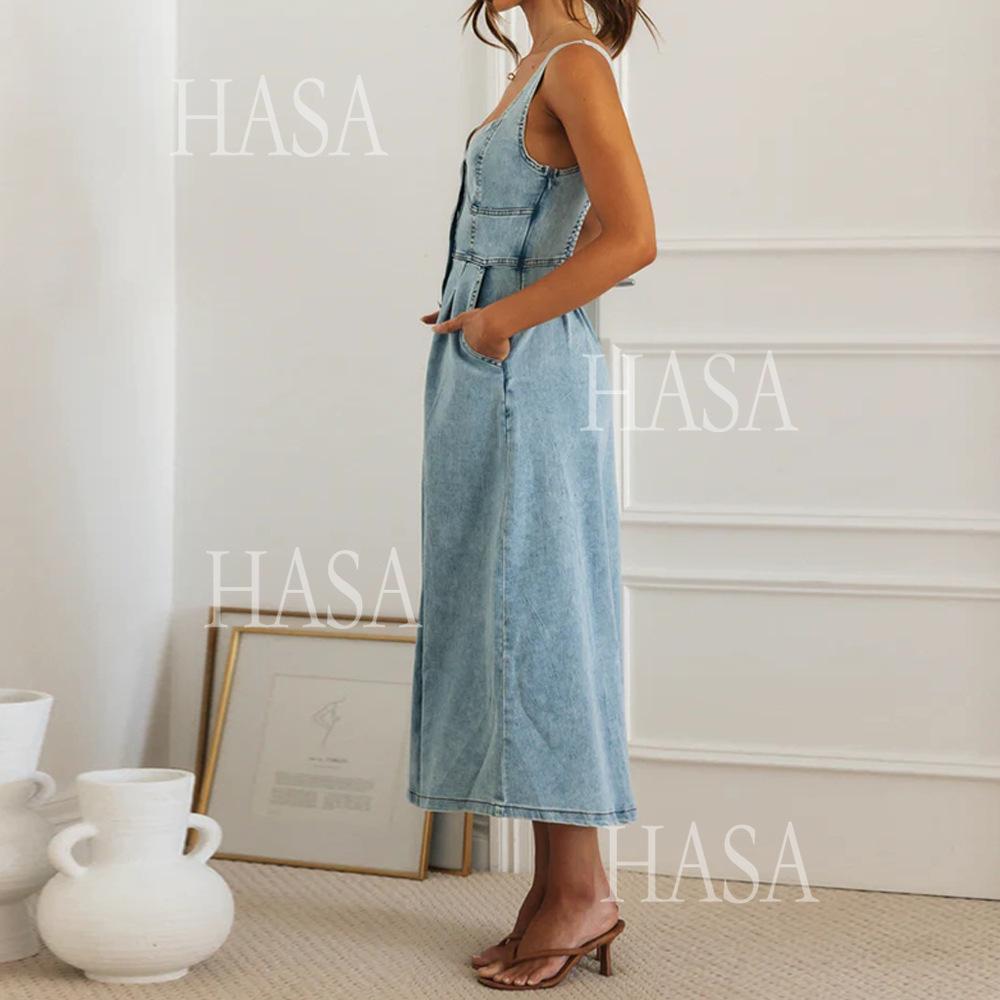 HASA HS6796 Button Front Denim Dress with Flattering Fit