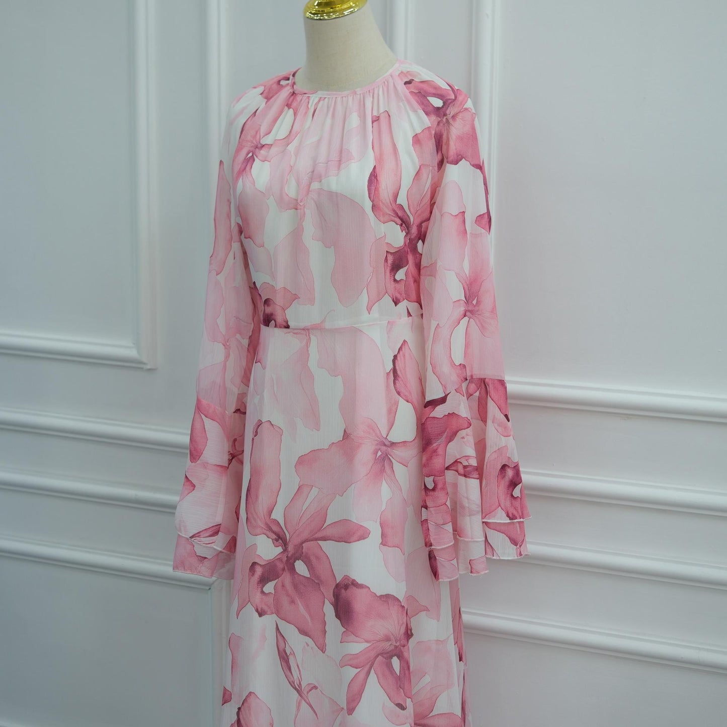 HASA HS6811 Chiffon Floral Maxi Dress Flare Ruffle Sleeve Elegant Long Dress for Women Daily Party Wear