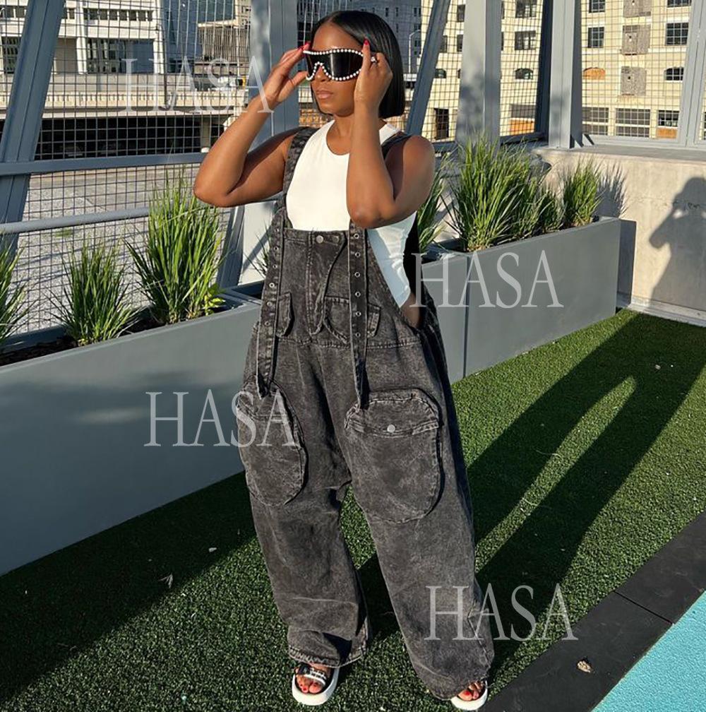 HASA HS4518 Bold Streetwear Split Leg Denim Jumpsuit Pants