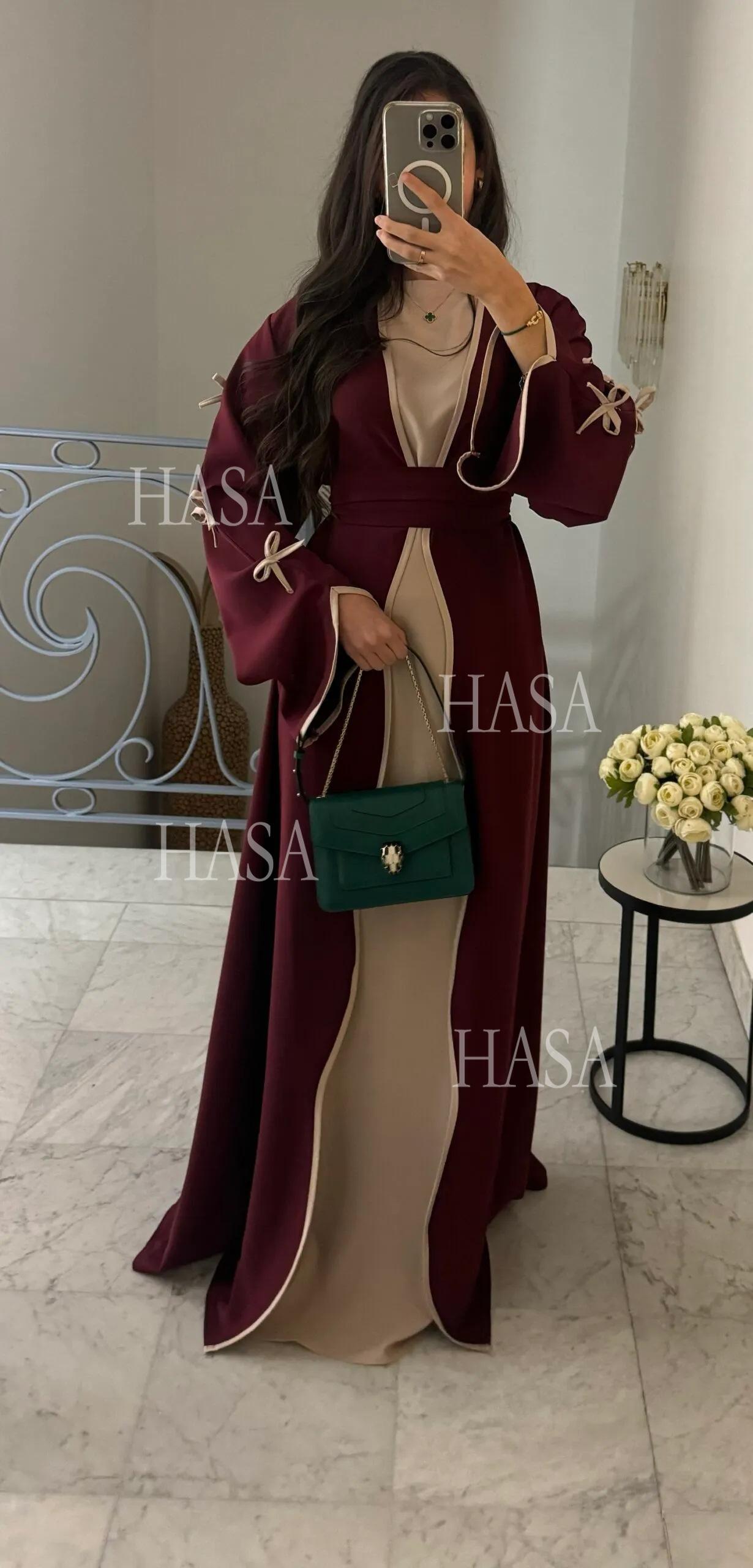 HS5883  A Two-piece Robe and Skirt Set with A Soft Bow and A Belt Design open abaya outfit