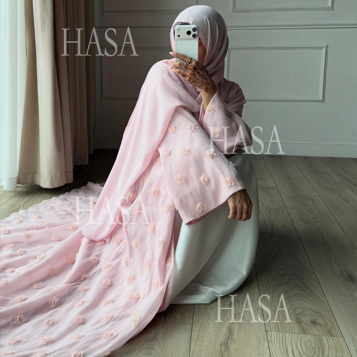 HASA HS6782 Graceful Floral Pink Abaya with Matching Scarf