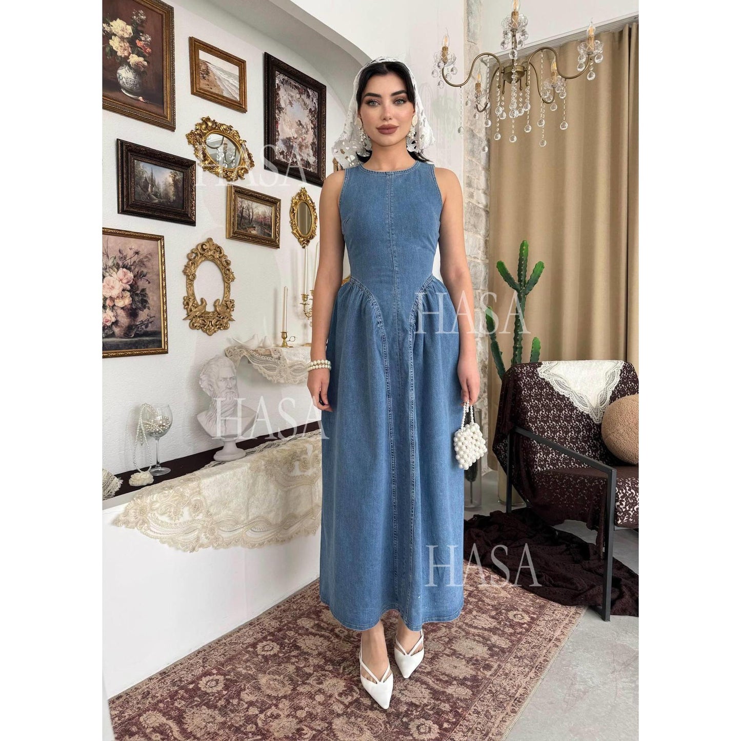 HASA HS6787 Vintage Inspired Light Blue Denim Dress with Full Skirt