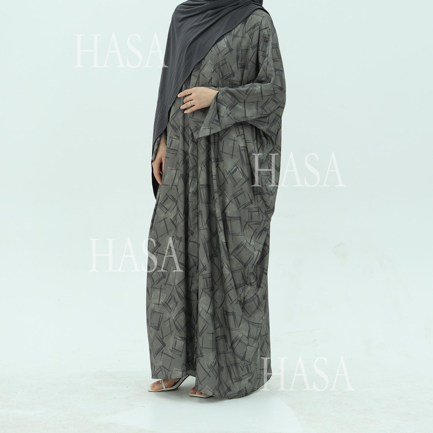 HS6504 Grey geometric print long cardigan Abaya (headscarf not included)