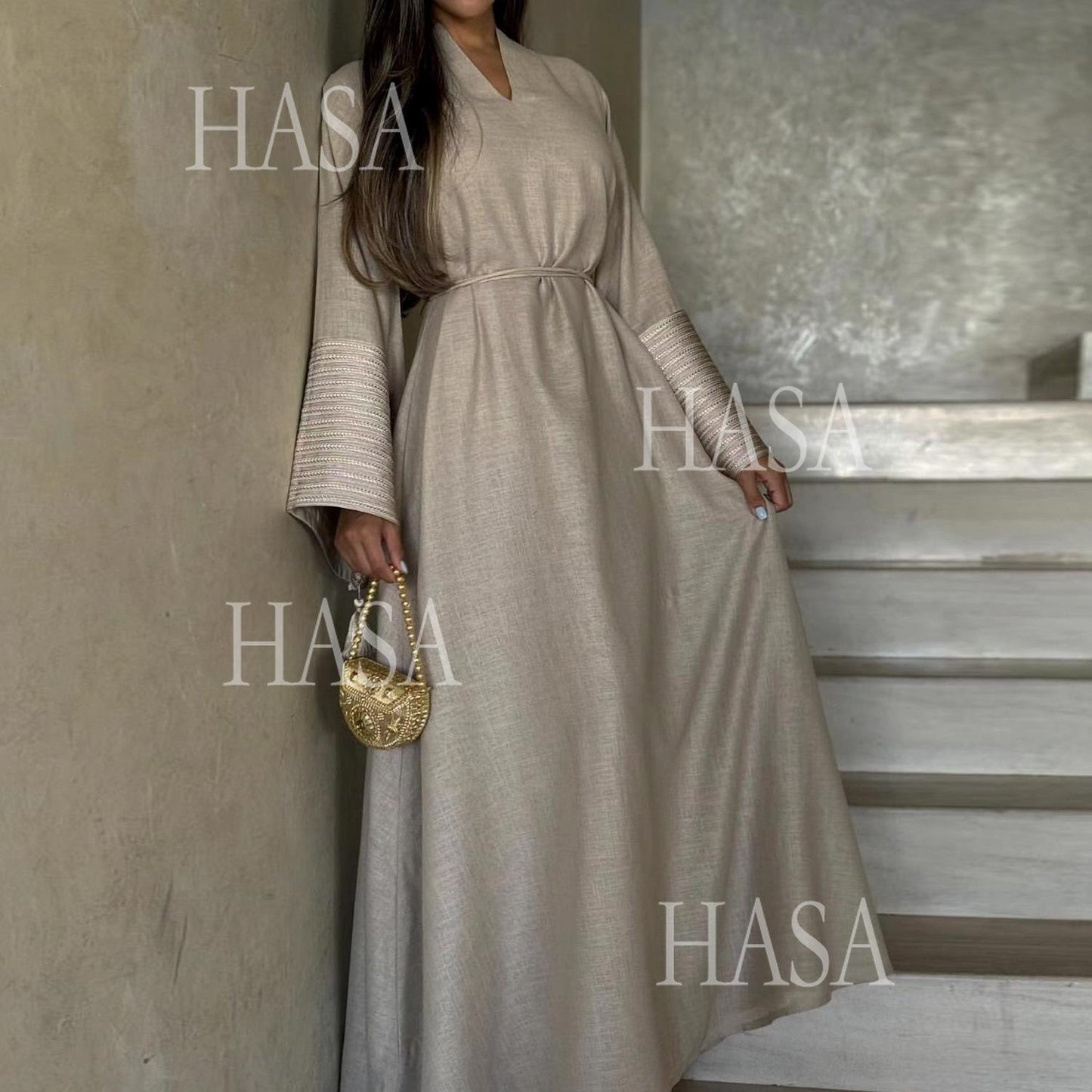 HS6490 Embroidered Panel Sleeve Long Dress