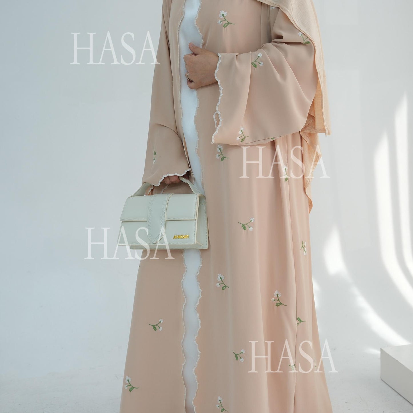 HS6472 Longline Cardigan with Delicate Floral Details and Curved Edging