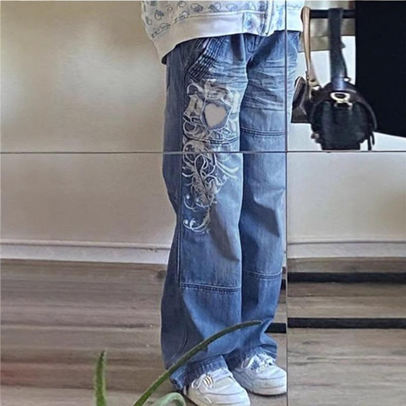 HS6382 Street Style Women's Clothing Irregular Printing Loose Trousers Low Waist Folds Washed for Old Multi-colored Jeans