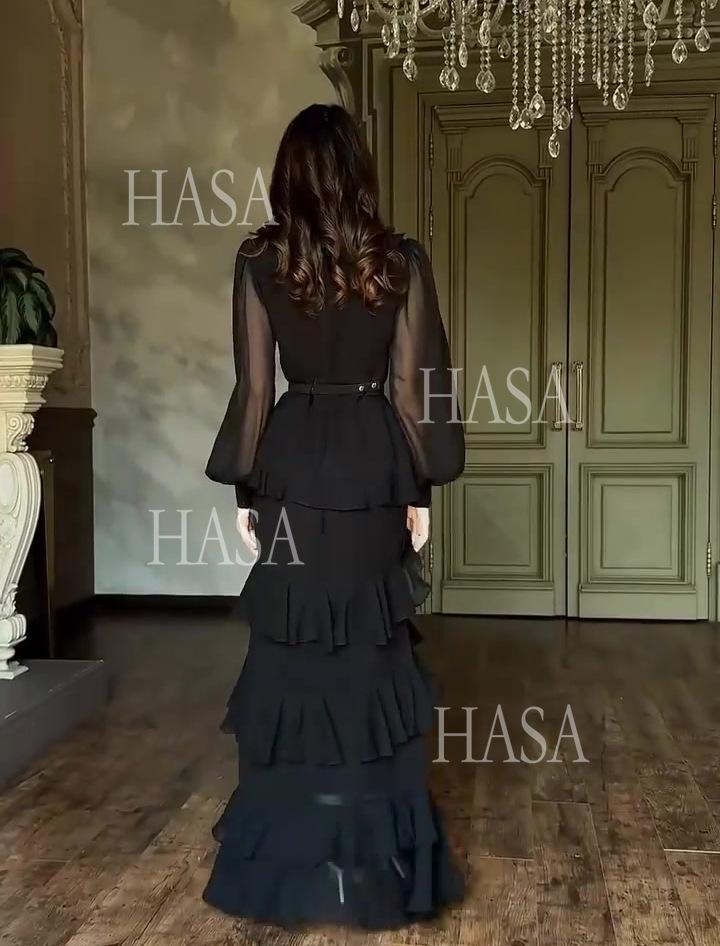 HS6733 Flowy Elegant Maxi Dress with Cascading Ruffles
