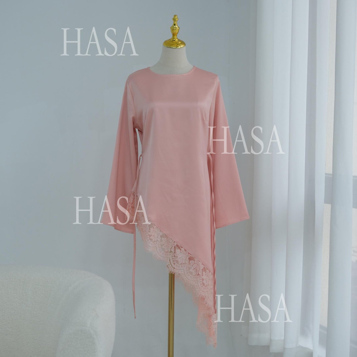 HASA HS6784 Soft Luxury Asymmetric Modest Top with Lace Detail