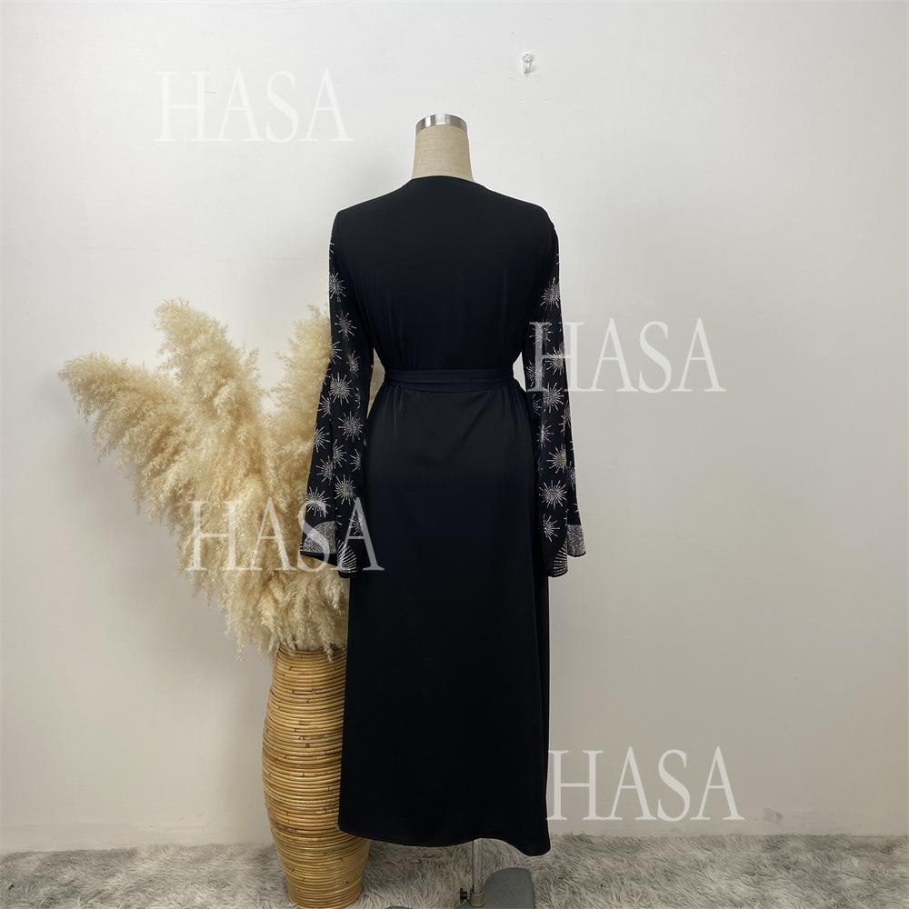 HS6588 Black Cardigan Dress with Rhinestone Embellishment and Pockets